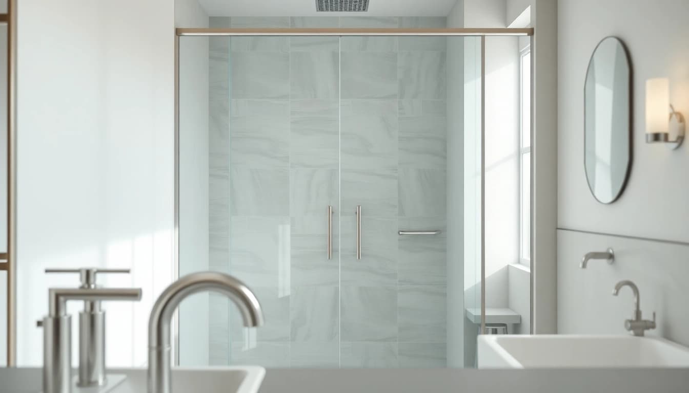 Showcase elegant shower sliding doors in a modern bathroom setting.
