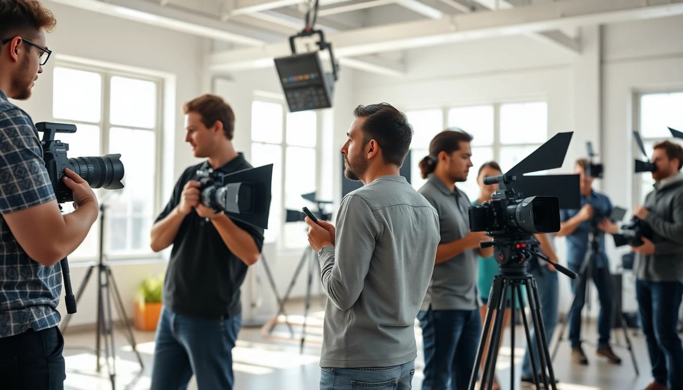 Video production agency team collaborating creatively in a bright studio setting.