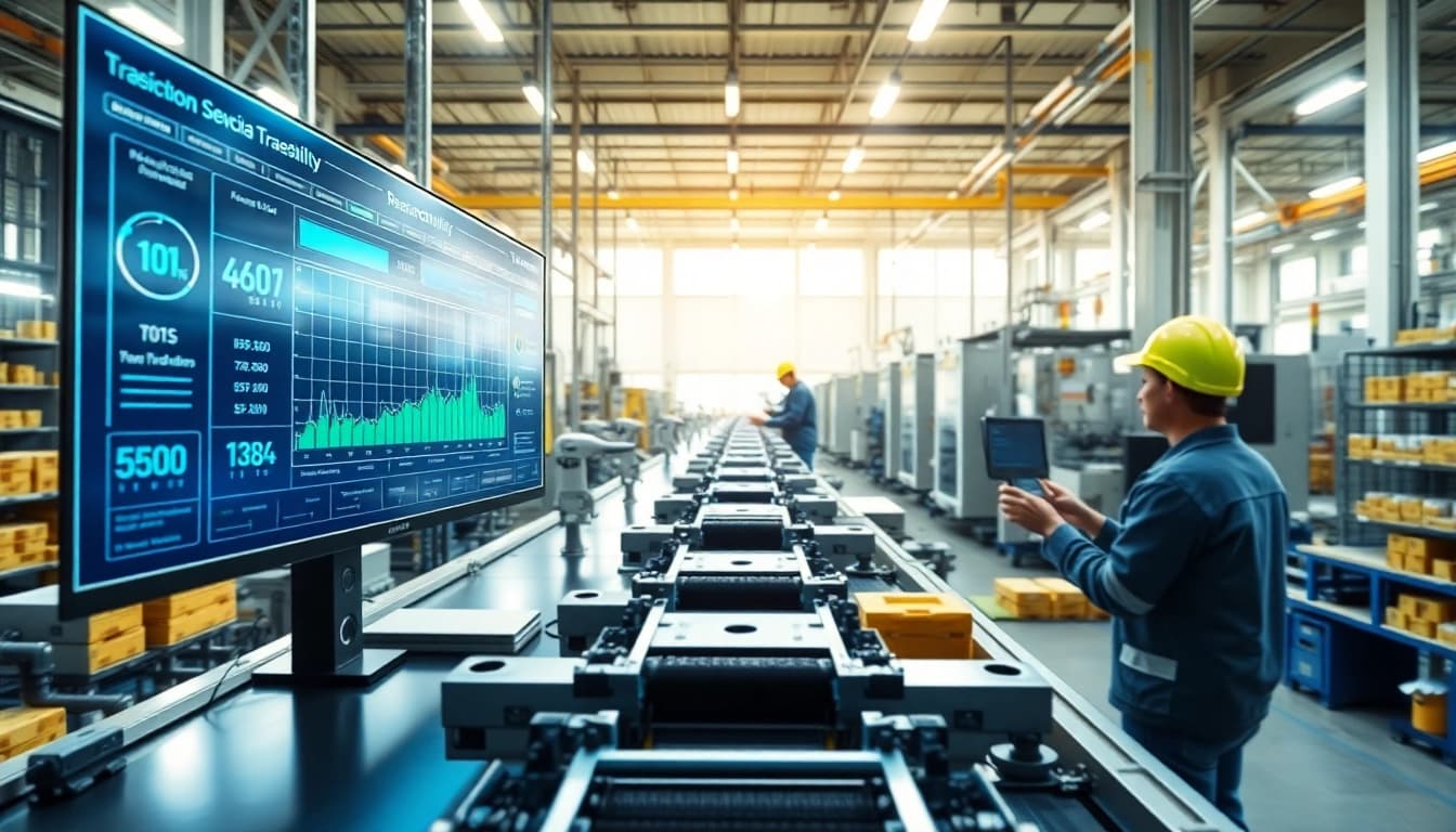 Factory traceability software dashboard in a modern manufacturing environment, showcasing efficient tracking.