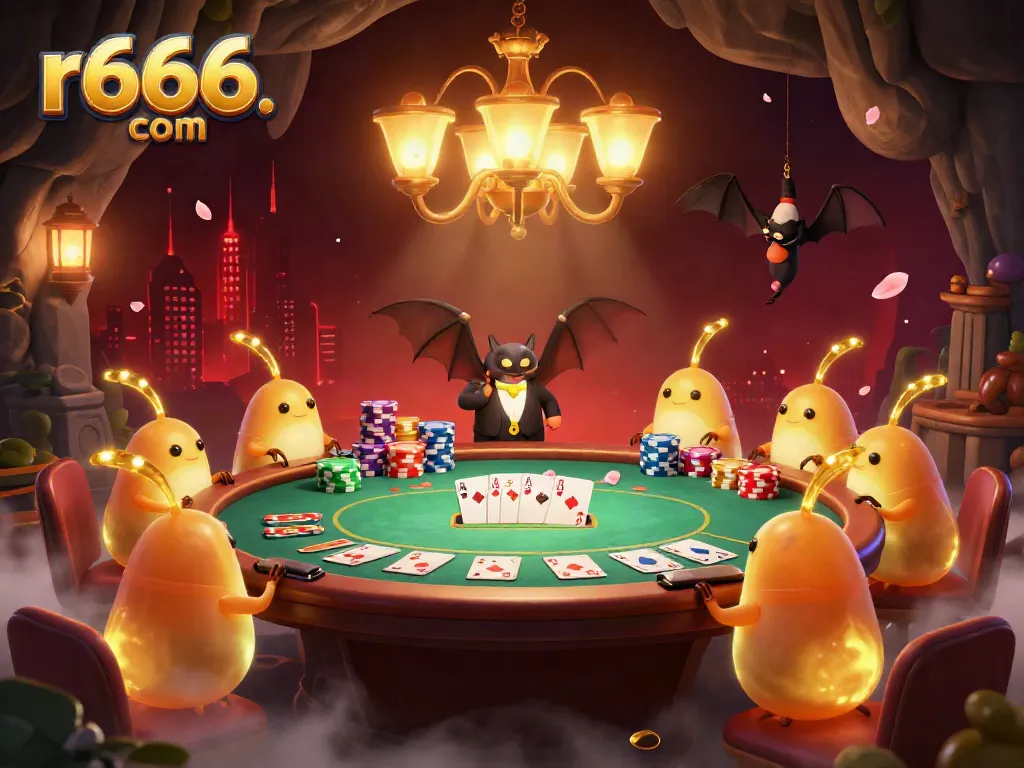 Experience the excitement of r666. com in this vibrant casino scene lit by bioluminescent glowworms, showcasing poker action.