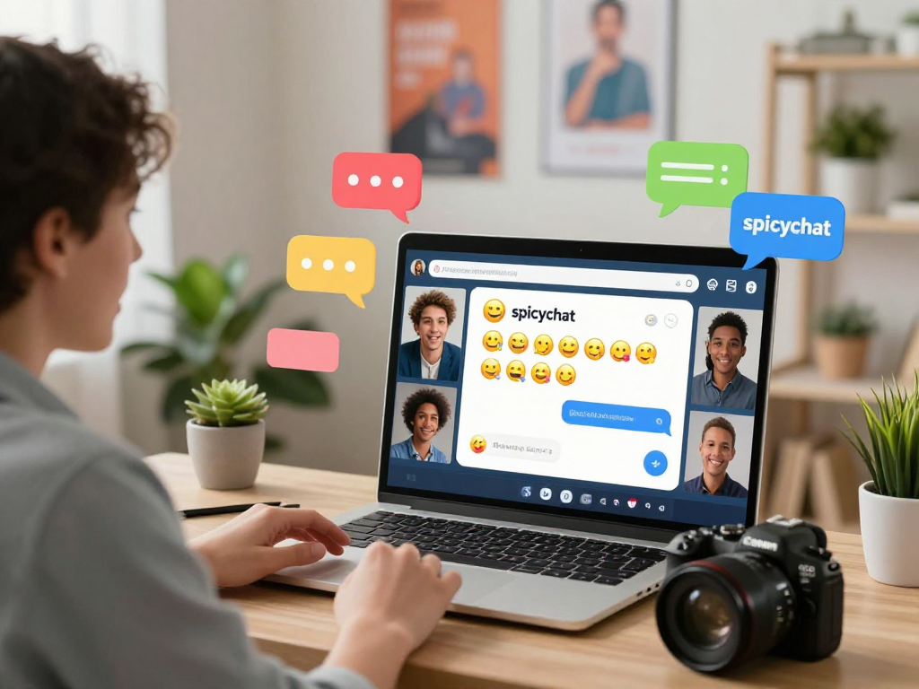Engaging online chat scene with "spicychat" conversations in a vibrant home office.