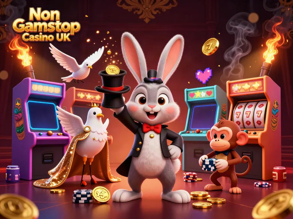 Experience the excitement of Non Gamstop Casino UK with a magician, dove, and monkey amidst vibrant casino elements.
