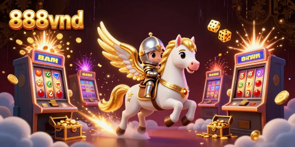 Experience the thrill of 888vnd with a celestial horse and jackpot slot explosion in an immersive casino scene.