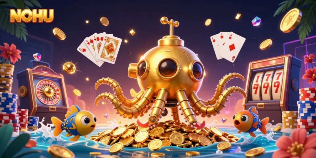 NoHU brings excitement with a golden kraken submarine and mechanical fish exploring a sea of riches and casino elements.