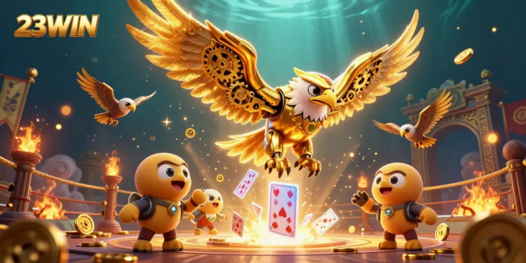 Experience thrilling gameplay with 23WIN's dazzling casino action featuring vibrant card dives and golden eagles.