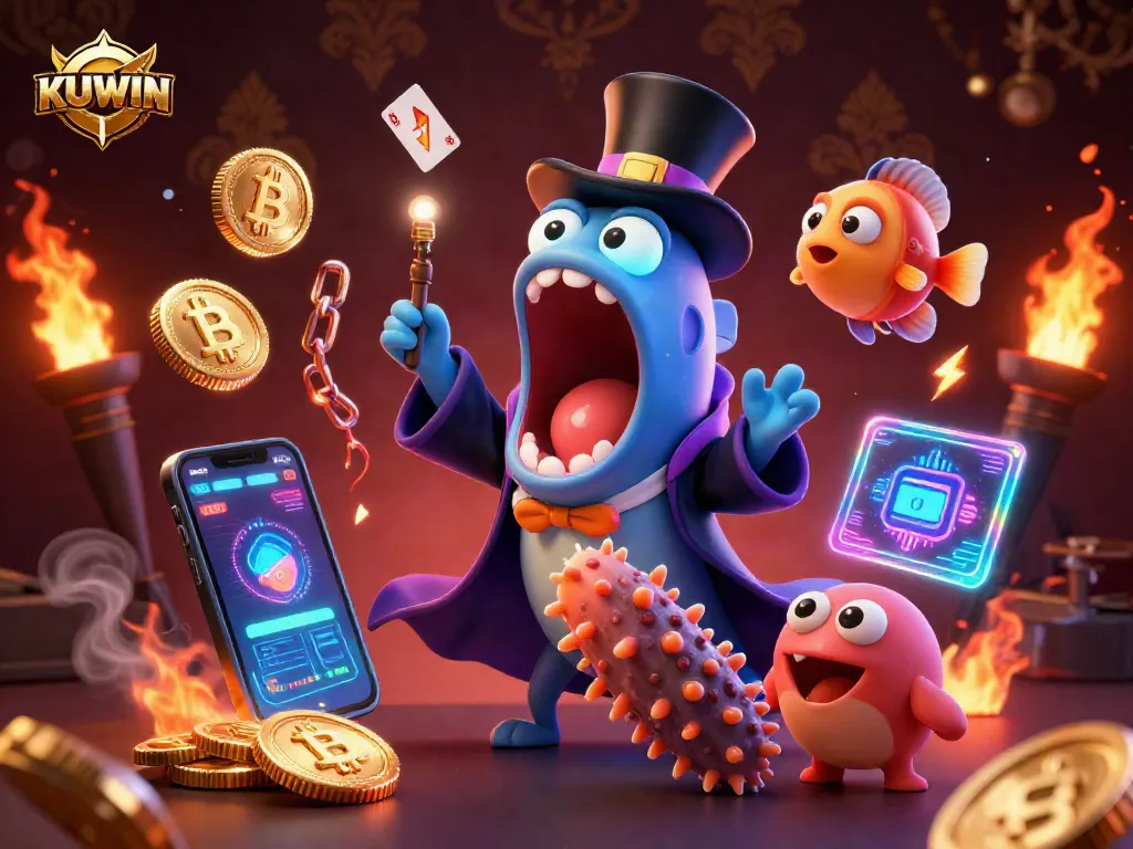 KUWIN illuminates the casino scene with vibrant characters performing magic amidst glowing crypto elements.