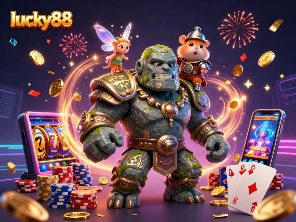 Experience the excitement of lucky88 with dynamic elements like cascading coins and vibrant slot reels.