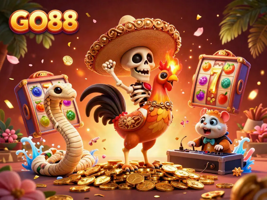 Experience GO88's vibrant casino world with characters dancing on golden coins and dynamic game elements.