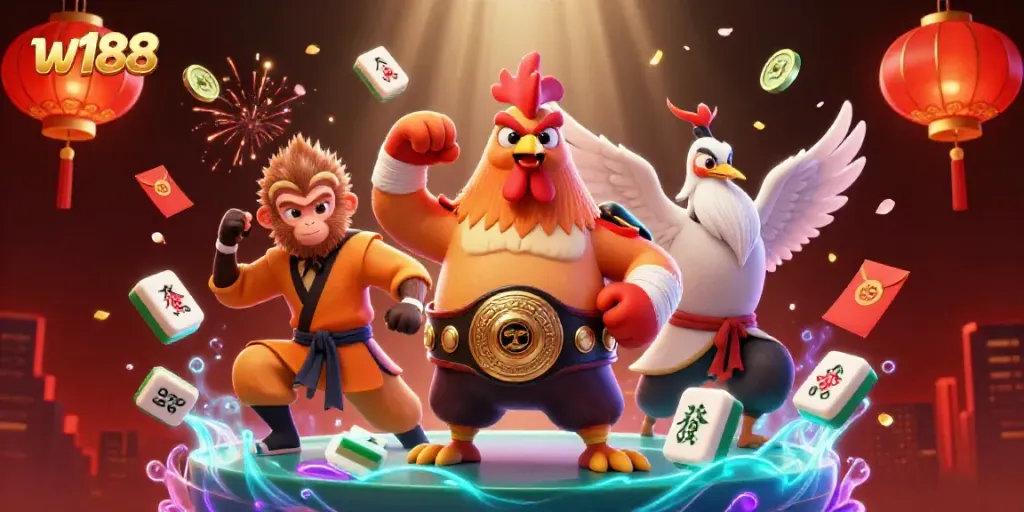 Engage in thrilling gameplay at w188 with the fierce Muay Thai rooster and casino elements in a dynamic 3D scene.