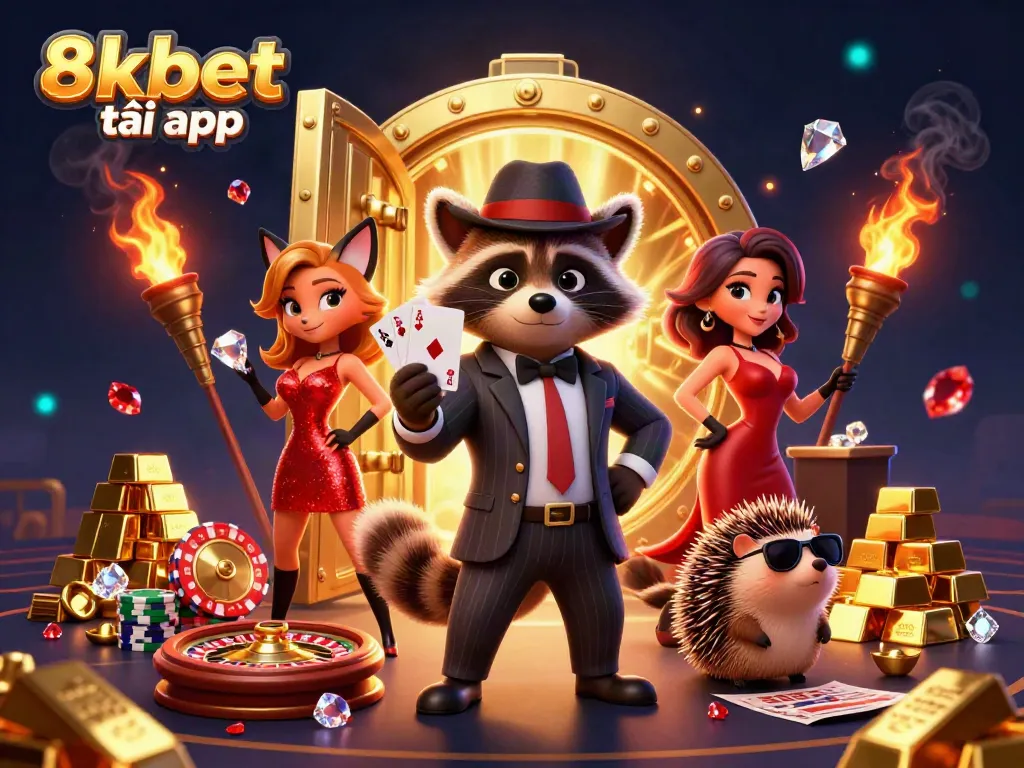 Experience thrill with 8xbet tải app as a suave raccoon, a stunning fox, and a bouncer in a vibrant casino scene.
