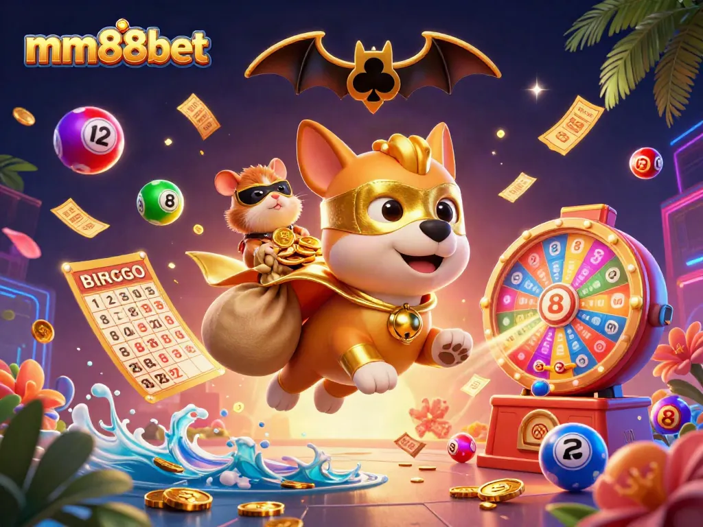 Win with mm88bet in this dynamic scene of a superhero dog flying, surrounded by colorful lottery elements.