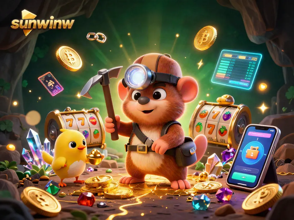 Engage in thrilling gameplay at sunwinw with animated slot reels and shining crypto elements.