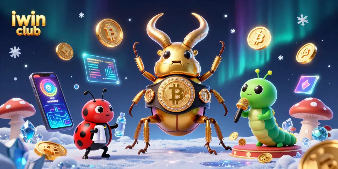 Win big at iwin club with a vibrant casino scene featuring animated characters and glowing cryptocurrency elements.