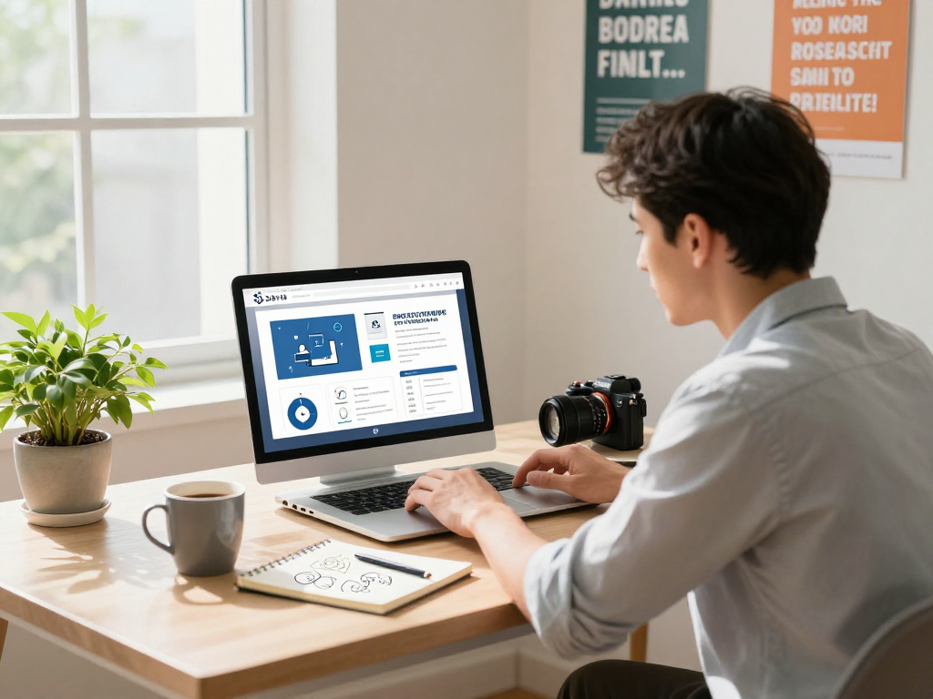 Increase online visibility by promoting services in a vibrant home office setting with digital marketing tools.