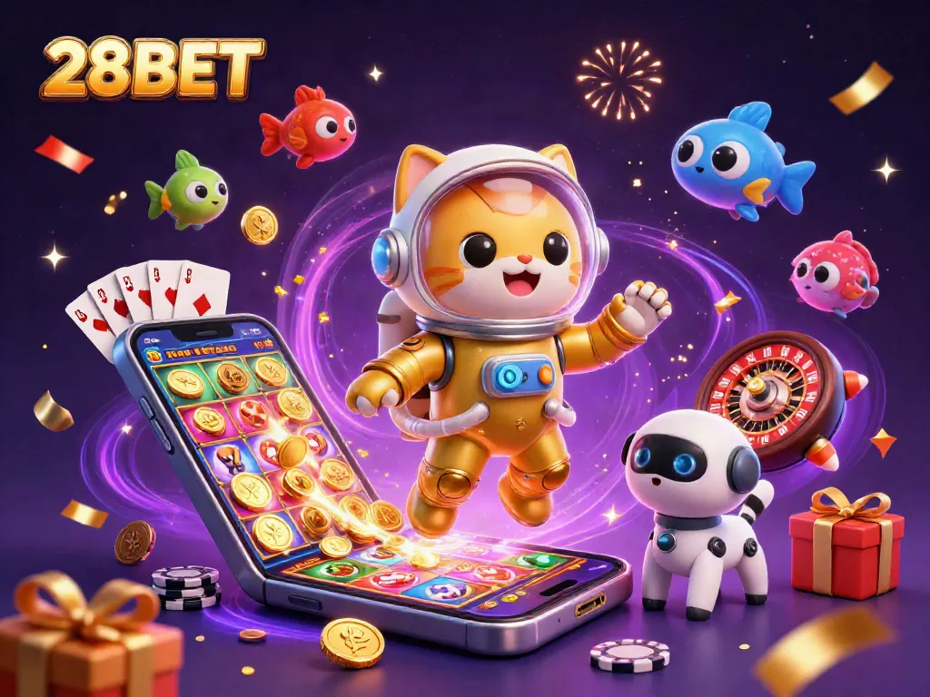 Engage with thrilling slots and casino games at 28BET with a vibrant illustration of a space casino adventure.