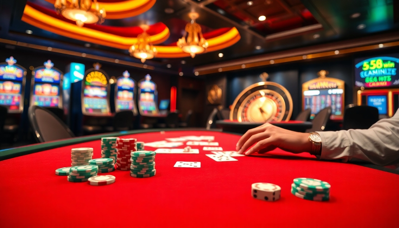 Experience excitement at 58win com with poker chips and a roulette wheel shining in the casino.