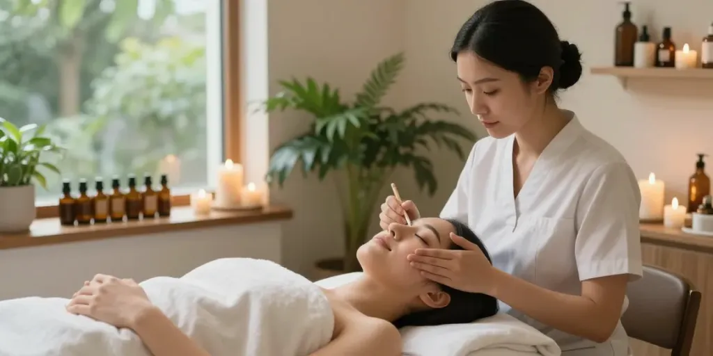 Facials Colchester: A soothing spa scene with an aesthetician performing a facial treatment.