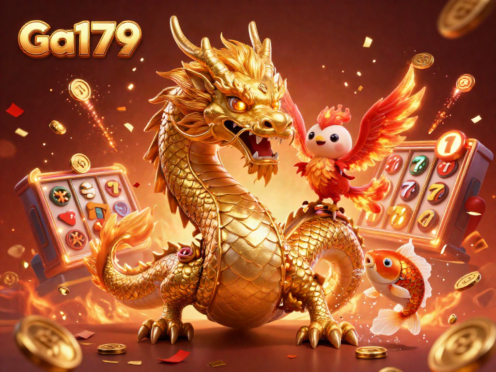 Experience the excitement of Ga179 with a golden dragon, phoenix, and koi fish surrounded by vibrant casino elements.
