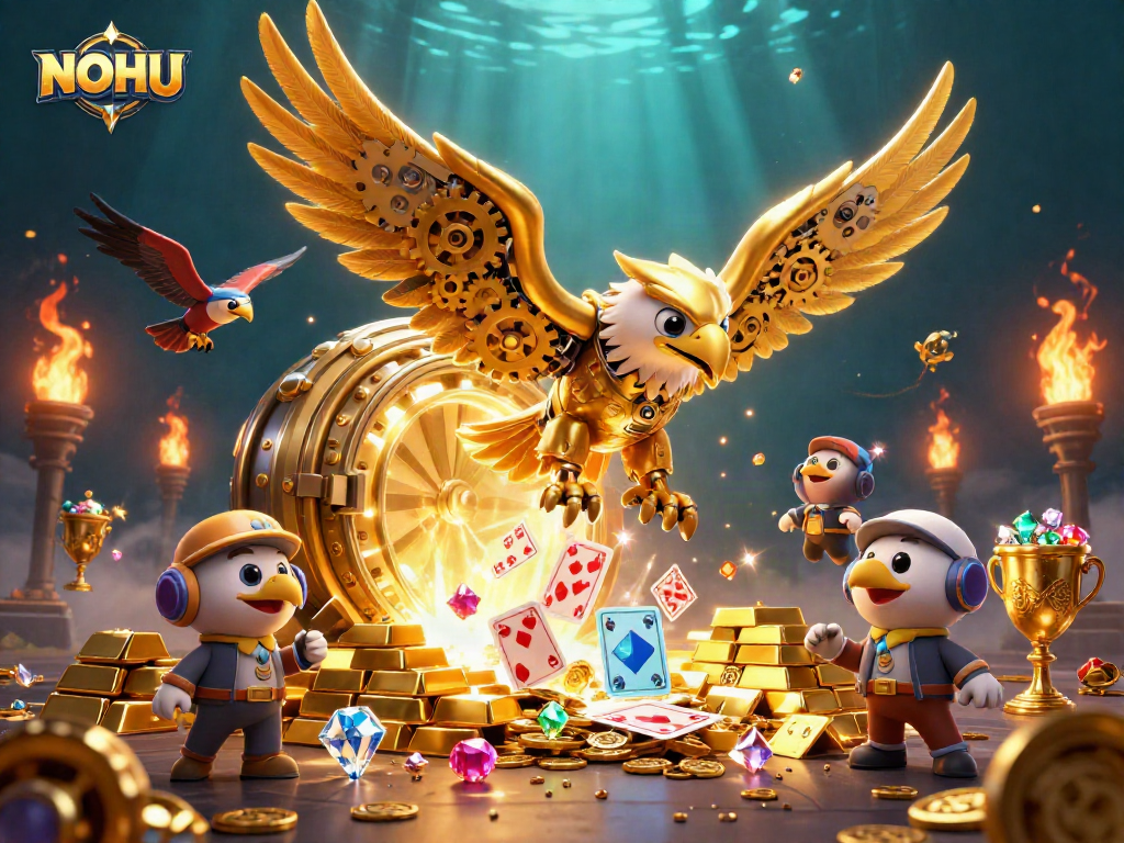 Experience the thrill of NOHU with a dynamic 3D scene full of gold and casino elements.