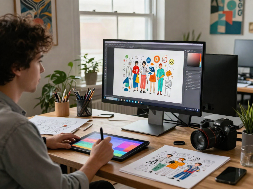 Vibrant creative workspace with artist using art software on monitor, showcasing ai slut themes in digital art.