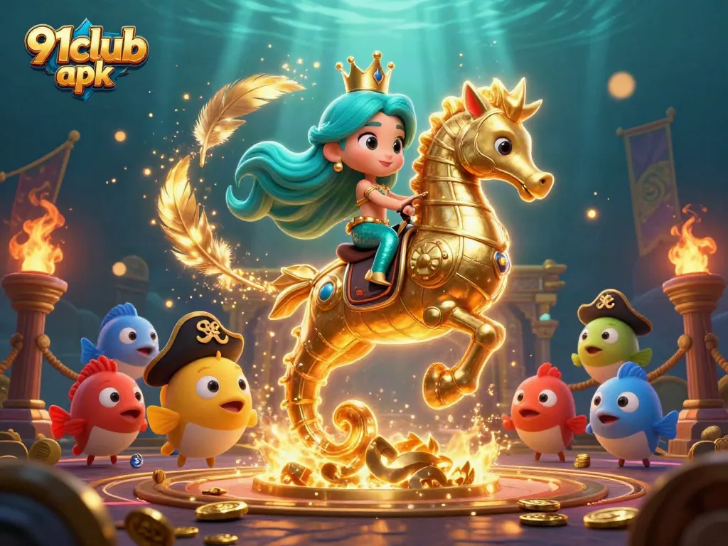 Engage with 91club apk in a vibrant underwater world where a mermaid princess rides a seahorse amidst gold coins and atmospheric effects.