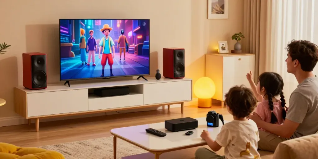 Family enjoying a movie night with Vision speakers showcasing immersive sound quality and modern decor.