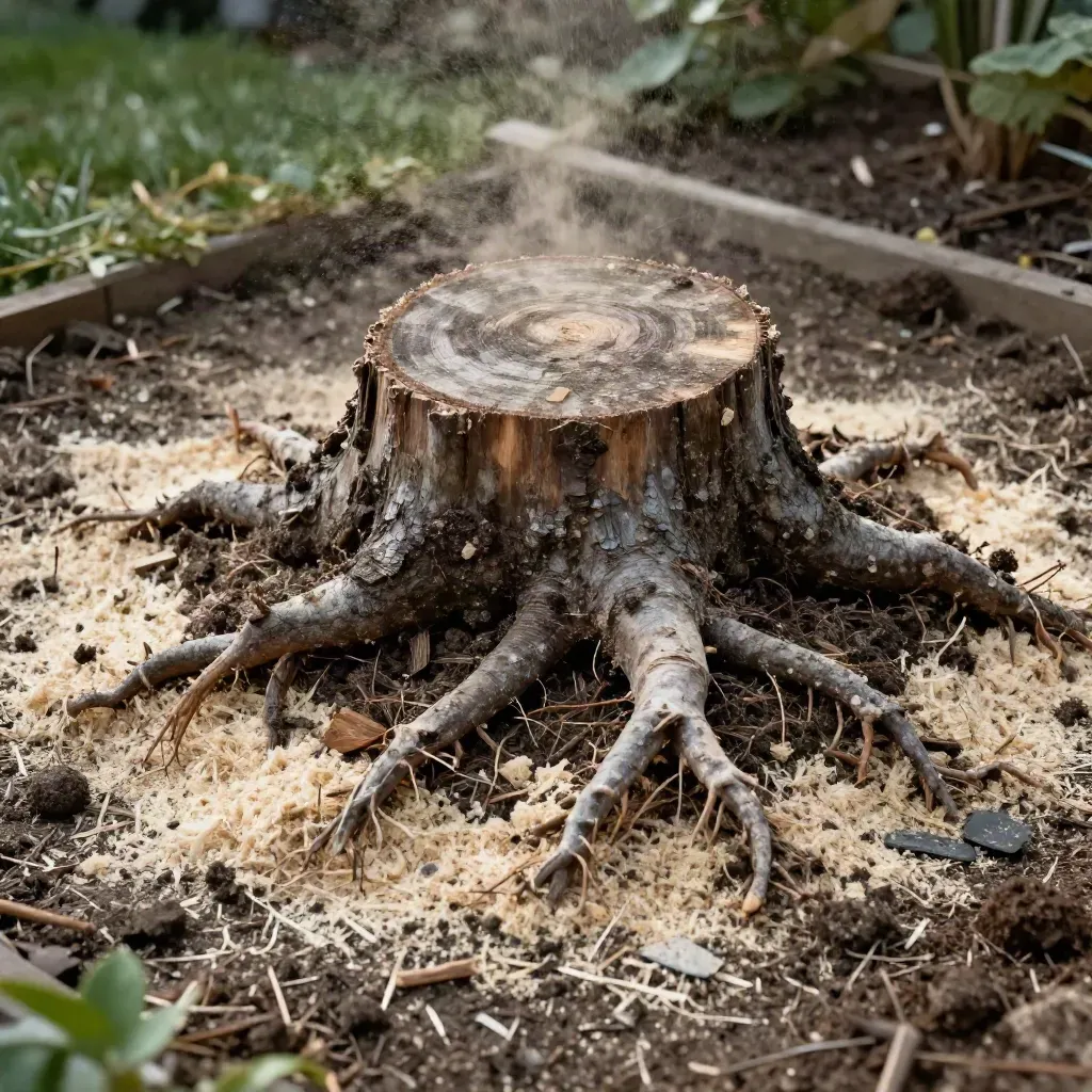 Freshly ground tree stump ring with mulch halo, roots and dust on a garden patch.