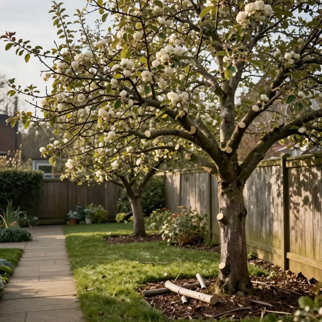 Pruned apple tree crown with cut limbs beneath in a warm suburban garden