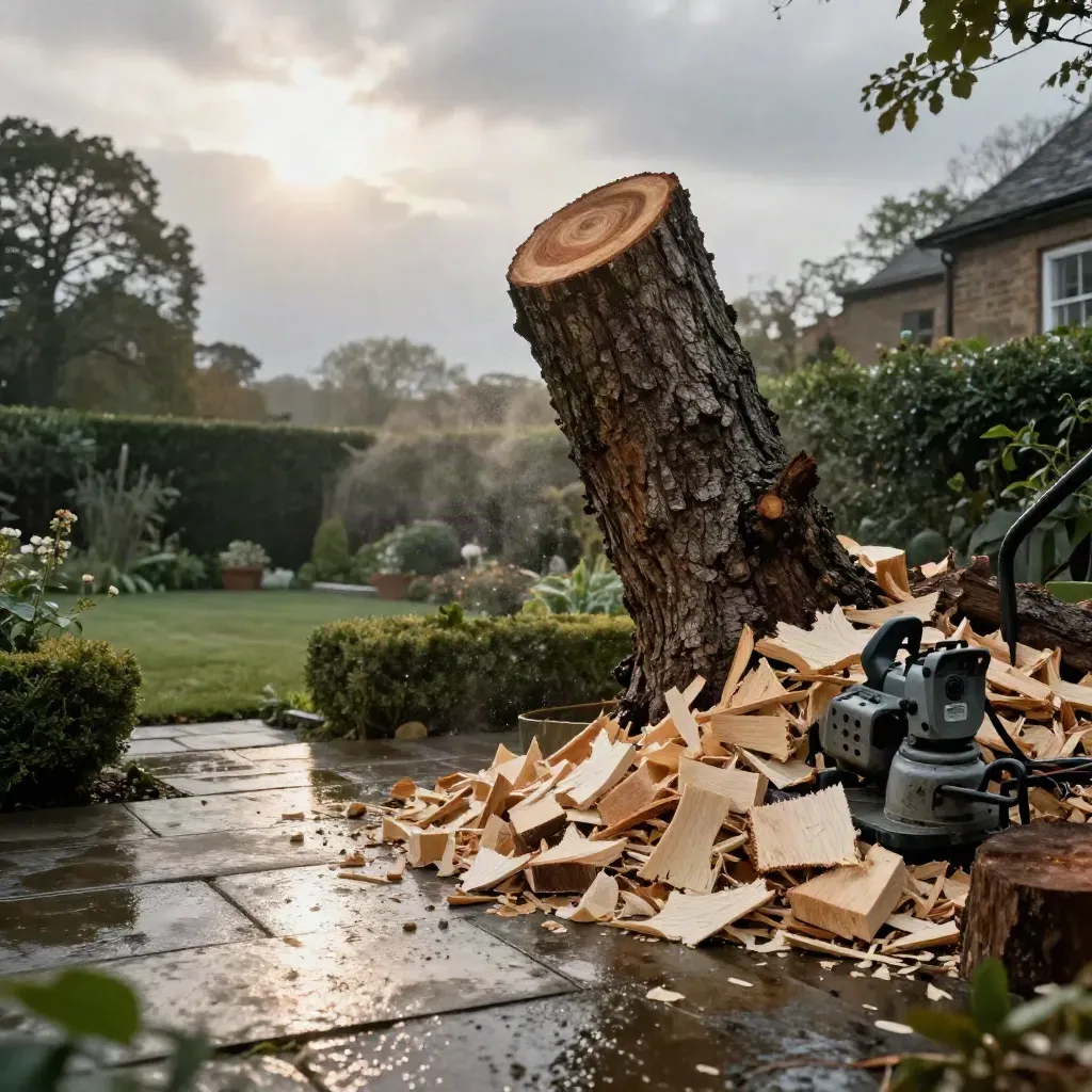 Freshly reduced oak, stump grinder and hedge cuttings in a wet townhouse garden after rain