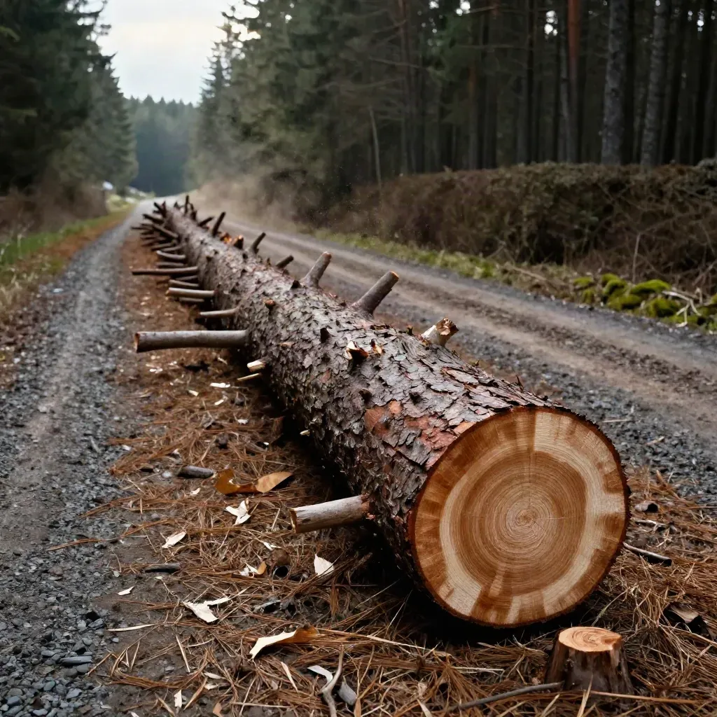Felled pine trunk in a neat extraction lane with stacked timber and drifting sawdust