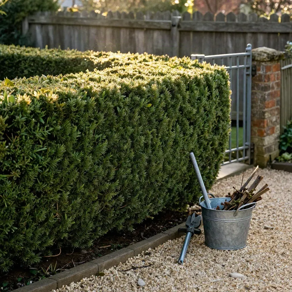 Squared yew hedge freshly trimmed beside gravel, clipped trimmings and an iron gate in warm light.