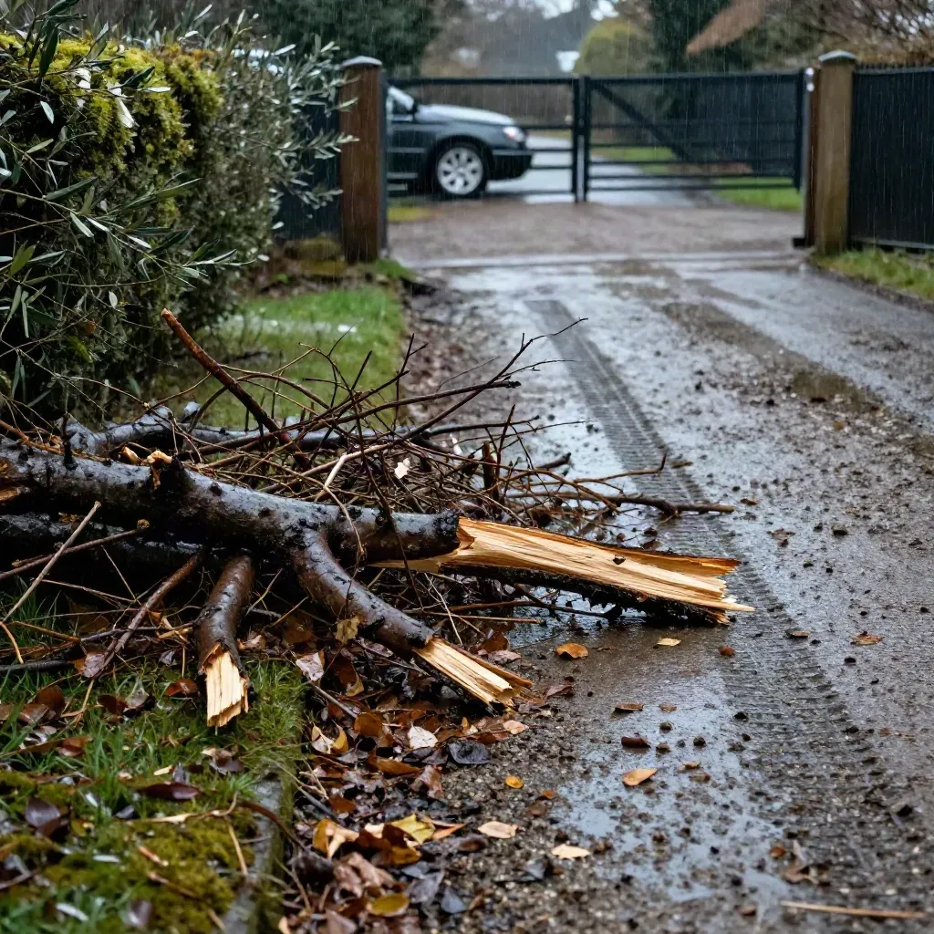 Storm-cleared driveway with a broken ash limb and brash beside wet wheel tracks