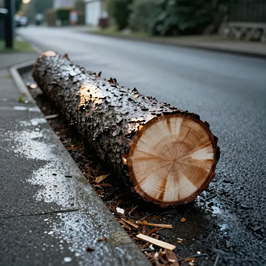Wet driveway verge with a freshly cut fir trunk and swept entrance after storm clearance