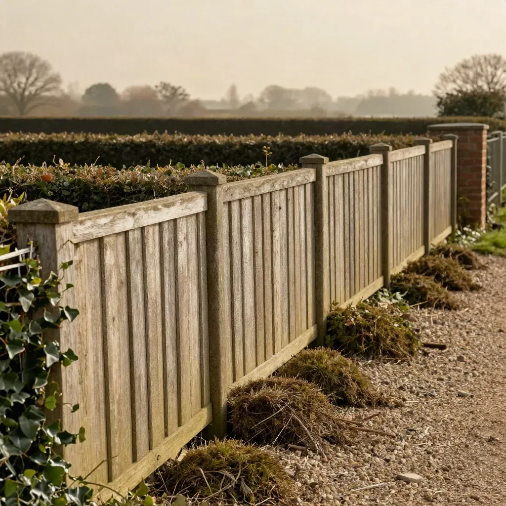 Trimmed boundary hedges beside a fence, with neat clippings piled ready for a move-in.