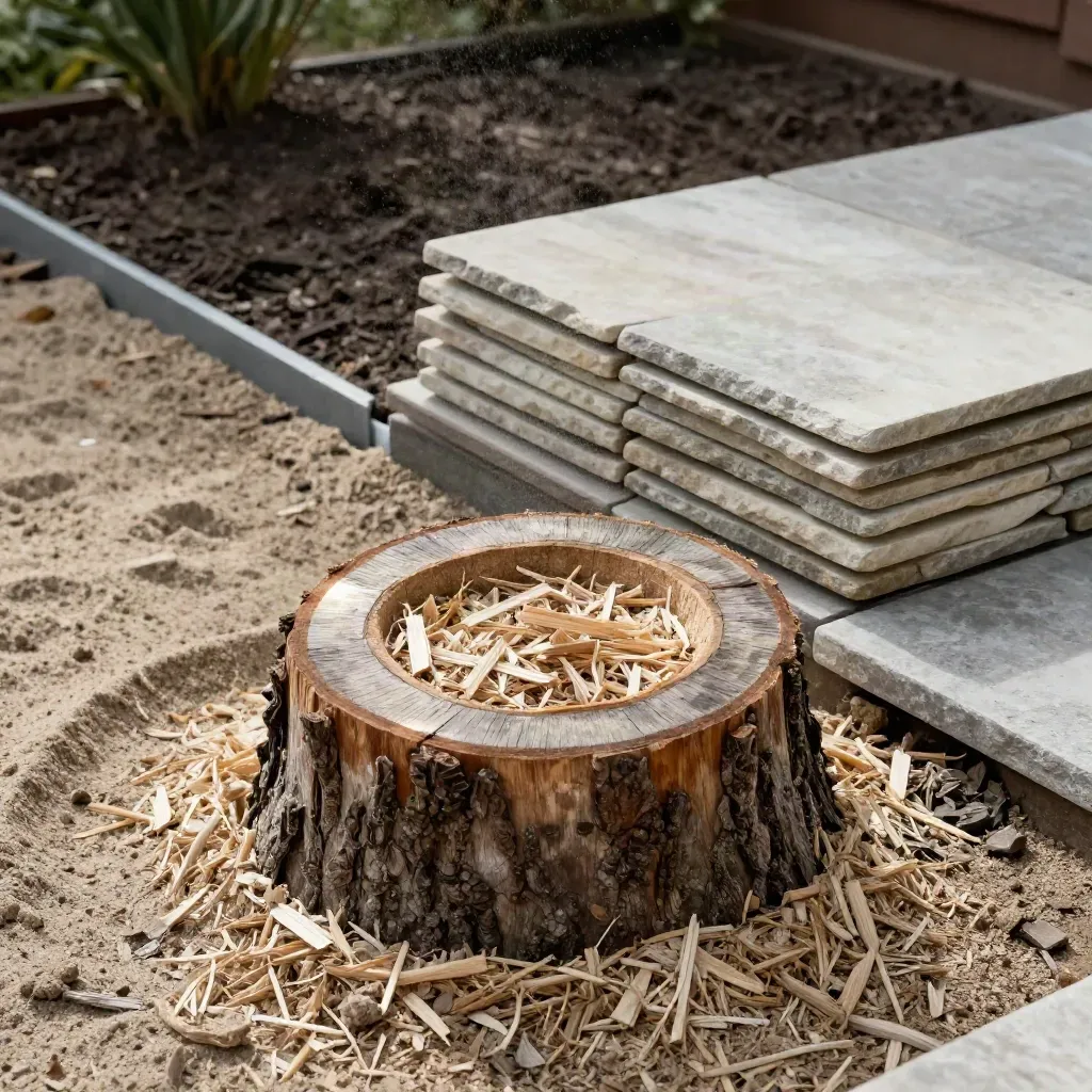Fresh stump cavity filled with wood chips beside stacked patio slabs and clean edging line.
