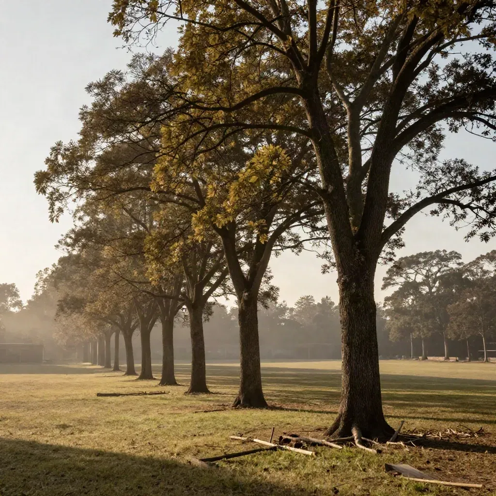 Raised trees beside an empty school playing field with cleared ground and morning haze.