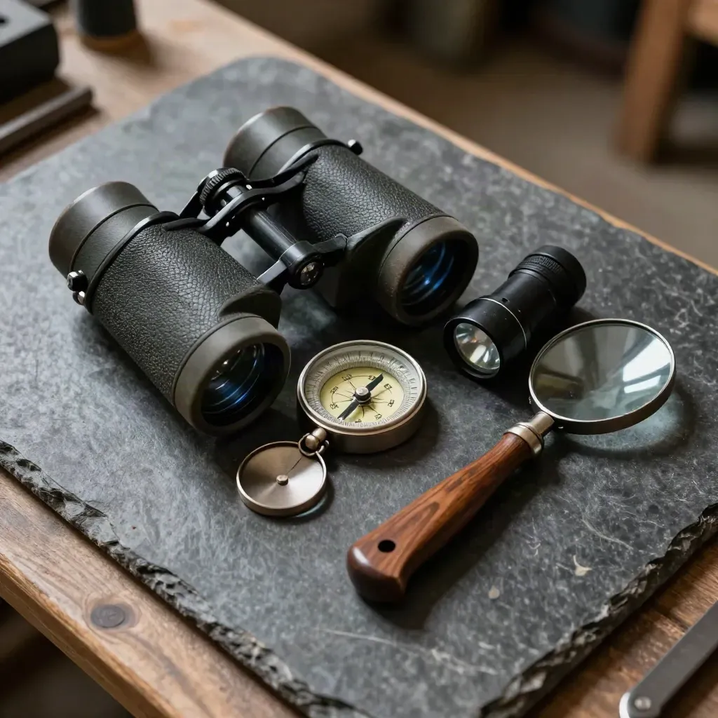 Top-down survey kit for tree care: binoculars, torch, inspection mirror and compass on dark stone.