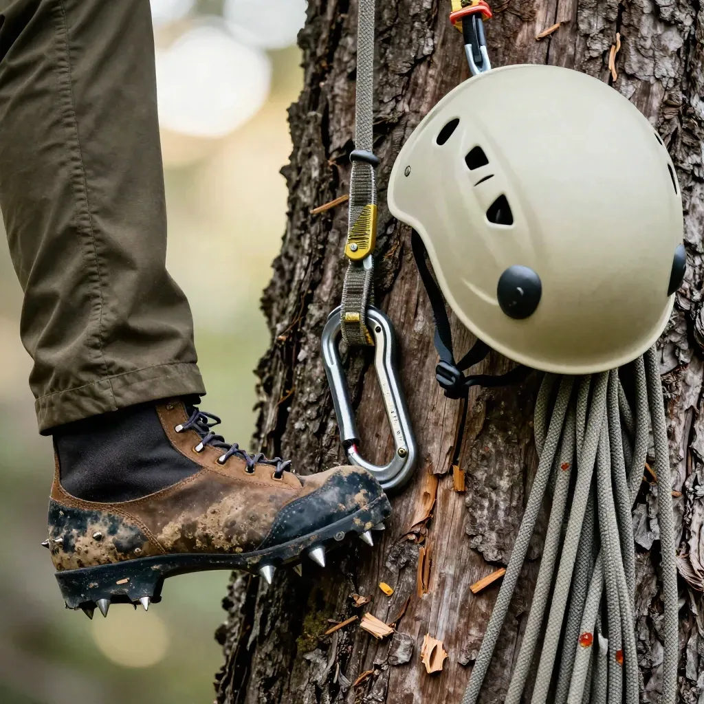 Macro close-up of spiked boots, helmet, ascender and flipline against rough bark for tree climbing.