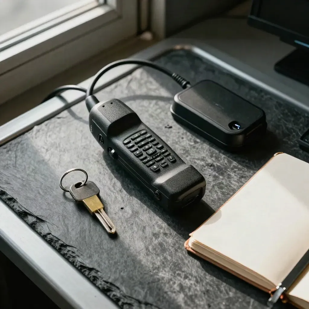 Overhead of radio handset, vehicle keys, charging dock and closed logbook on a slate dispatch desk