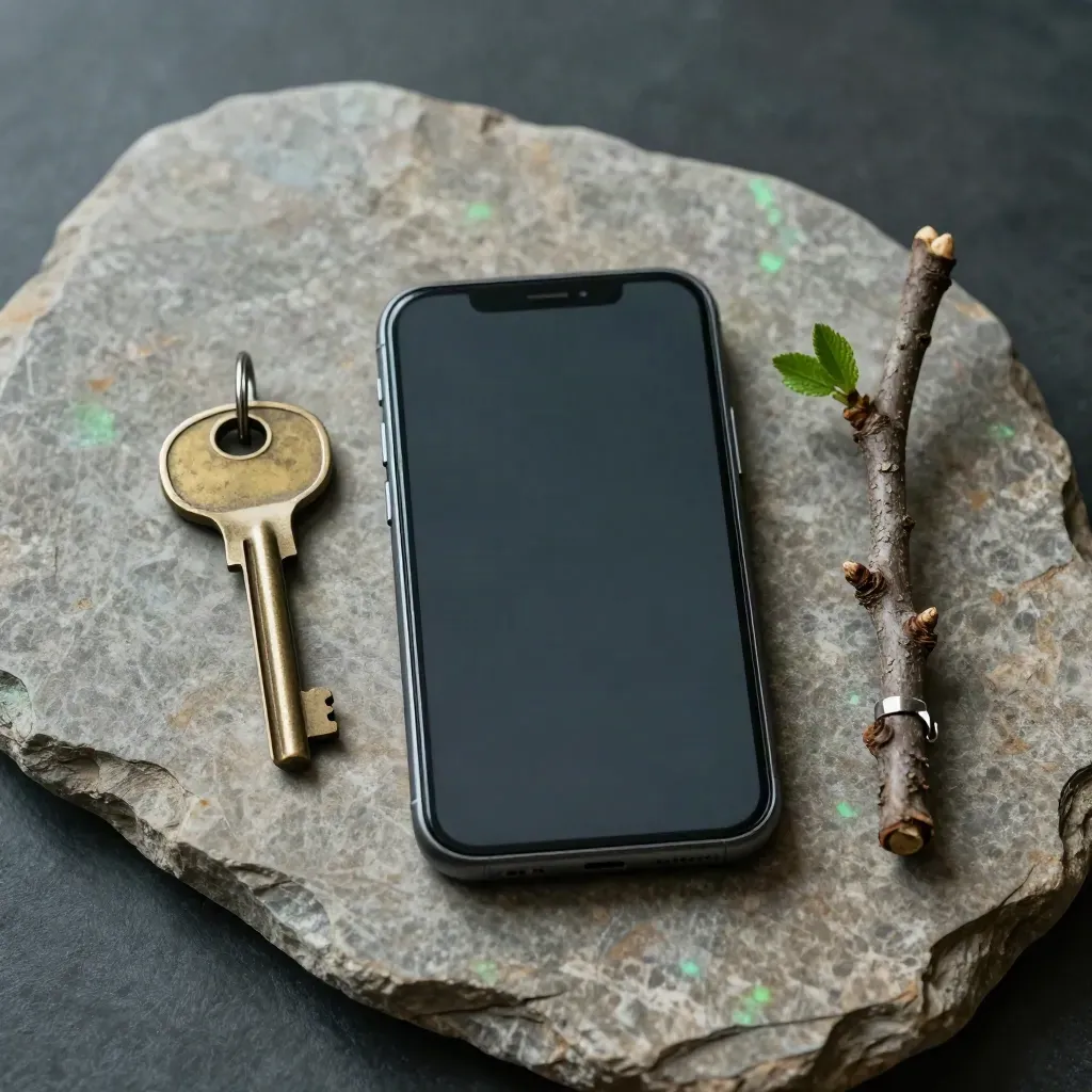 Flat lay of a rugged phone, house key and clipped twig on stone, ready for job details.