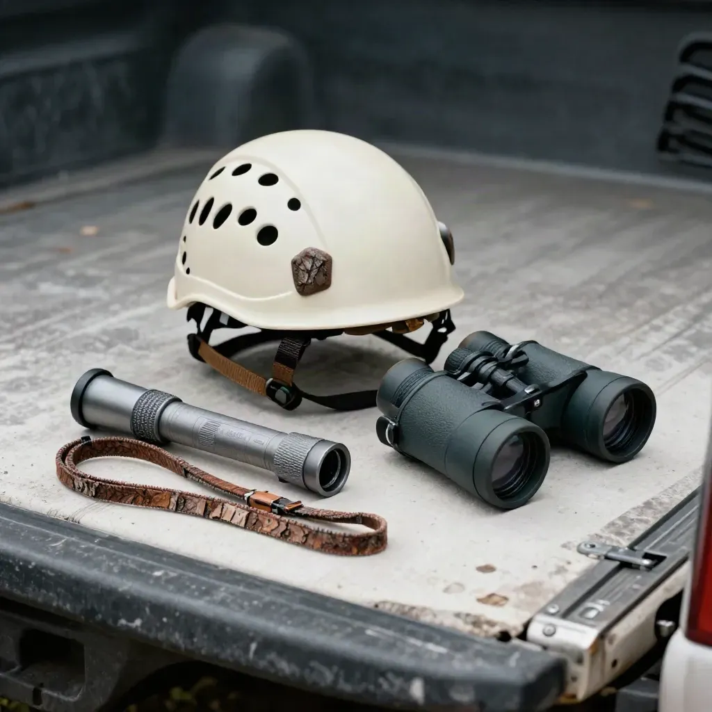Arborist helmet, torch, binoculars, and lanyard staged on a pickup tailgate edge.