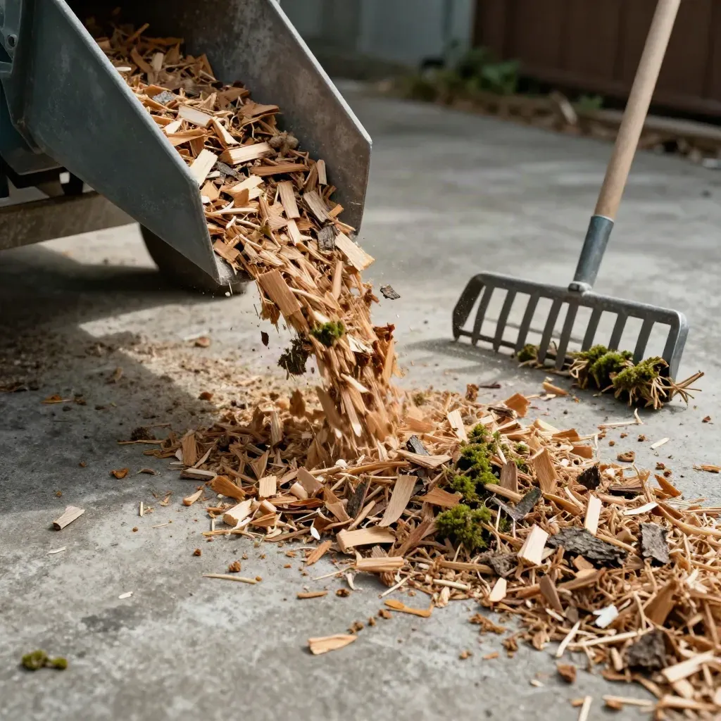 Wood chips spilling from a chipper beside a rake head and green cuttings on concrete.
