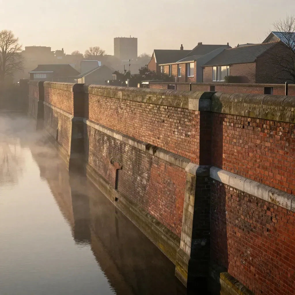 Birmingham skyline over misty canal brickwork in warm evening haze.