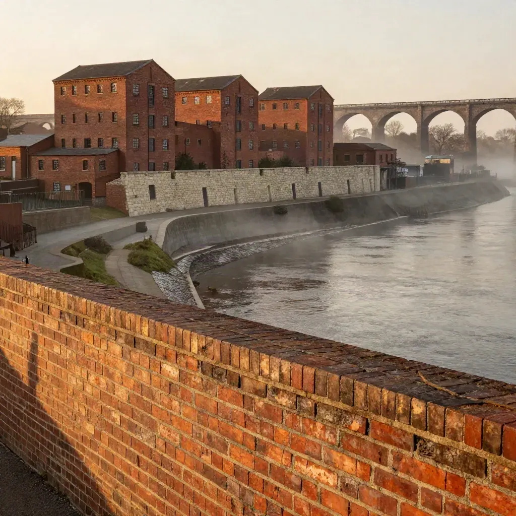 Brick mills and a viaduct above a misty riverside industrial landscape at sunset.