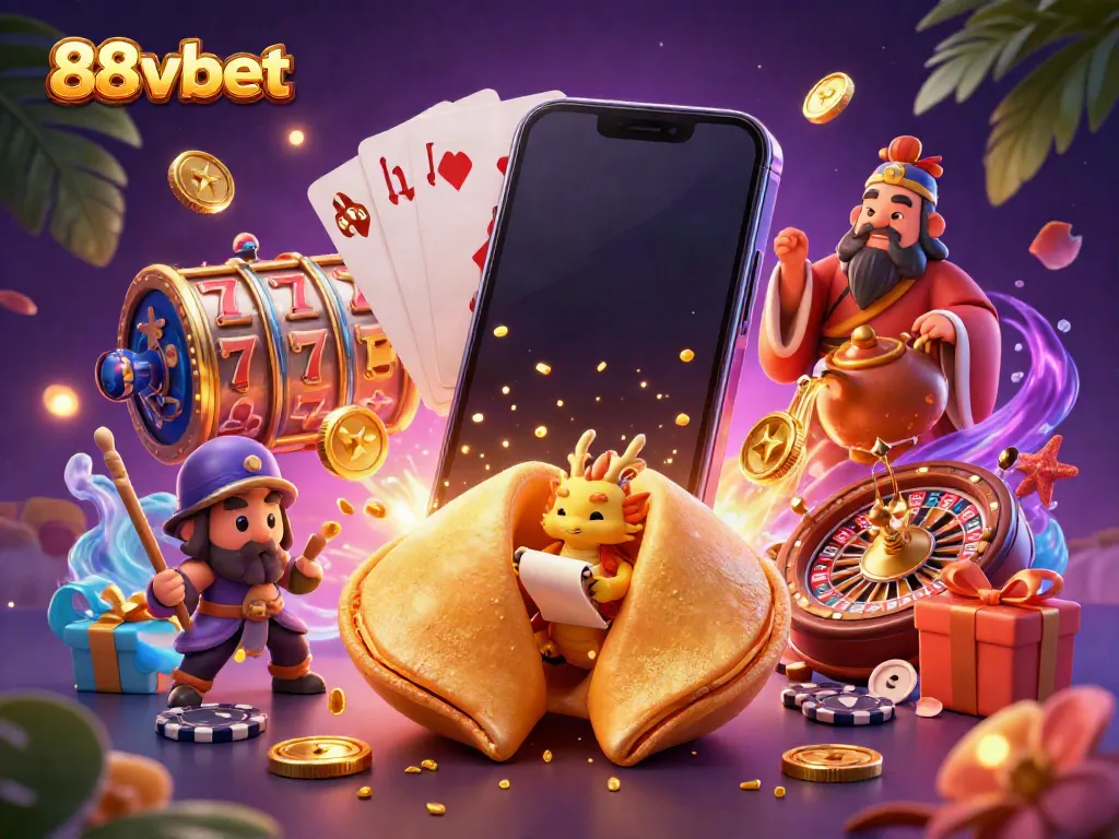 Experience winning moments with 88vbet as a wise dragon reads fortunes from a golden fortune cookie amidst dynamic slot game elements.