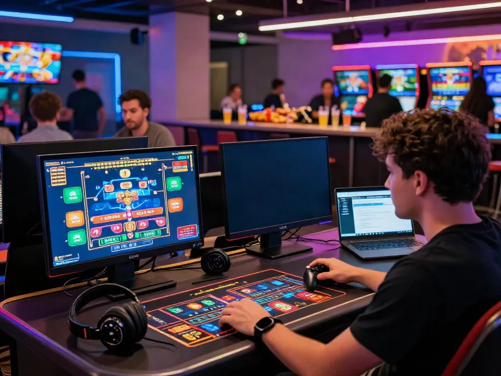Player engaging with online credit card casinos at a modern gaming lounge.