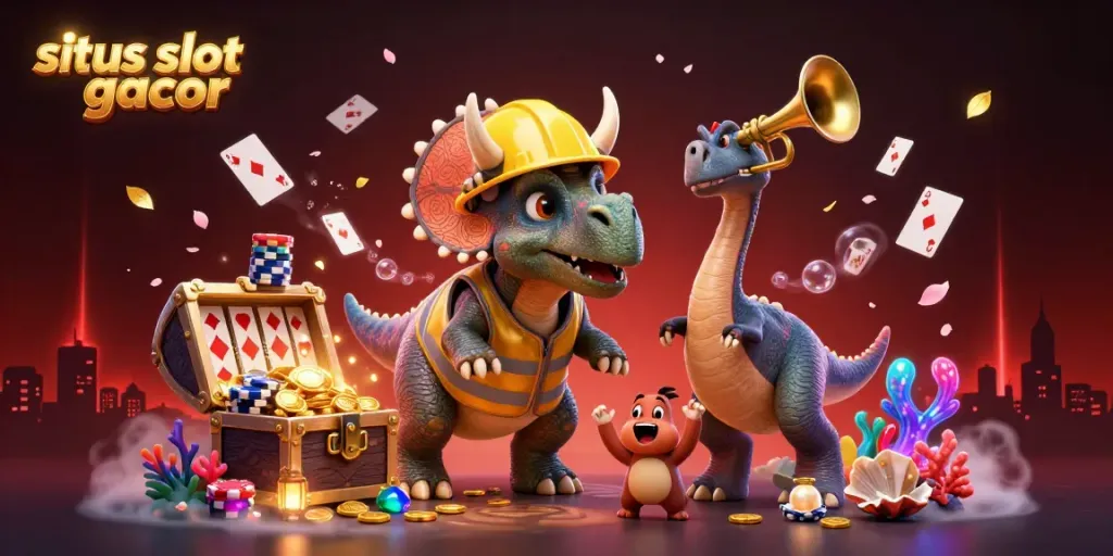 Experience exciting gameplay with situs slot gacor showcased in a vibrant 3D illustration of dinosaurs and casino elements.