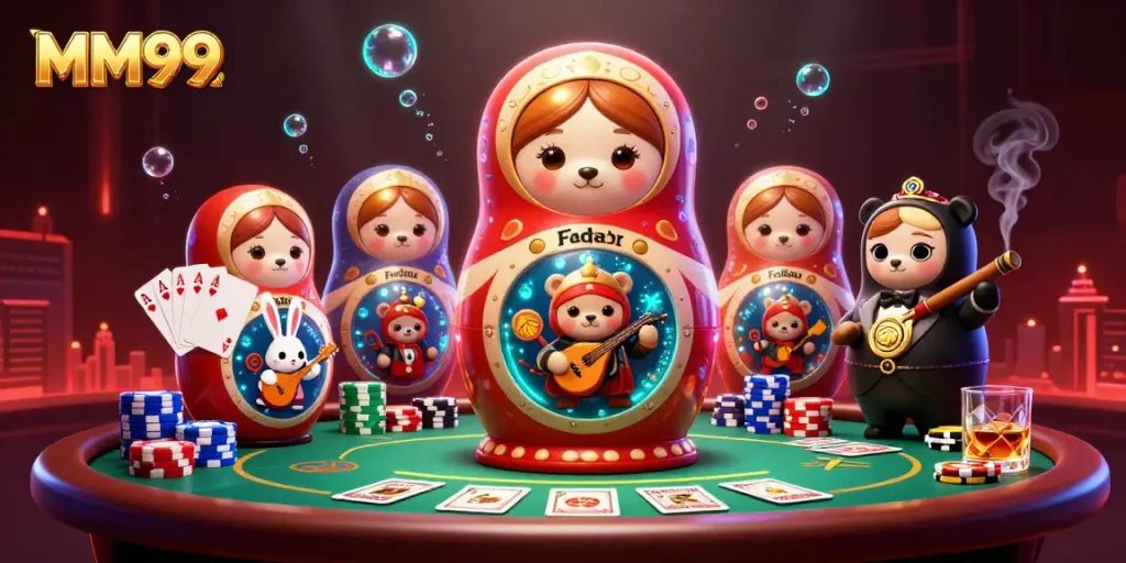 Experience MM99 excitement with unique bears and casino gaming elements in a vibrant scene.