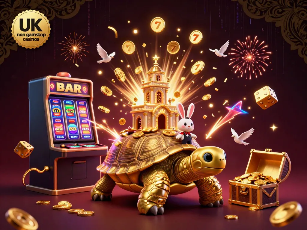 Experience the thrill of UK non gamstop casinos with a vibrant 3D casino scene featuring a golden tortoise, rabbit dealer, and flying coins.