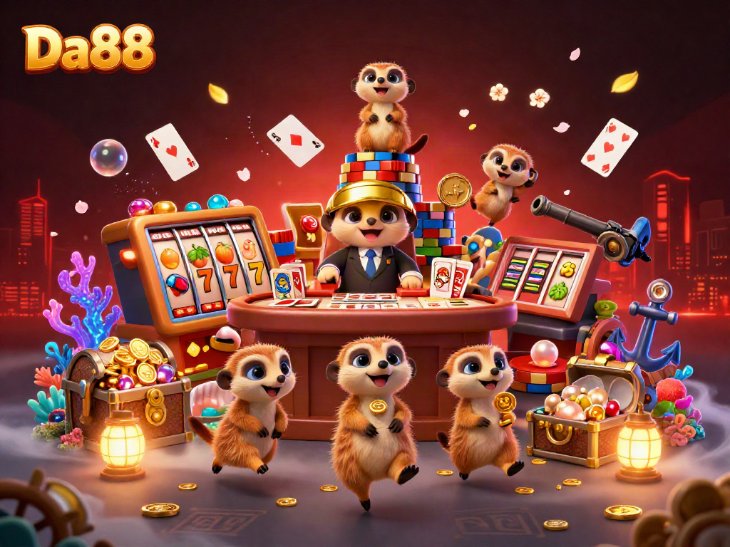 Da88 showcases a vibrant casino scene with meerkats, slot reels, and radiant elements.